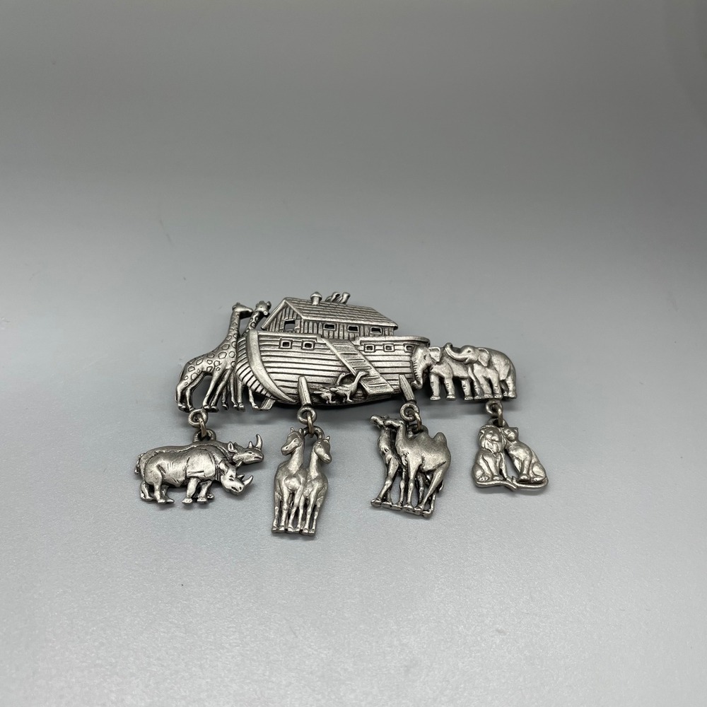 Vintage JJ Noahs Ark Pewter Brooch Dangle Charms Animal Novelty Pin Silver Tone